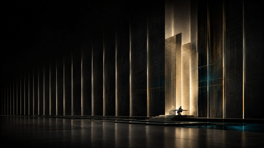 Abstract architectural visual representing one exceptional creative-scientific year emerging from a longer field of otherwise ordinary periods. Albert Einstein 1905