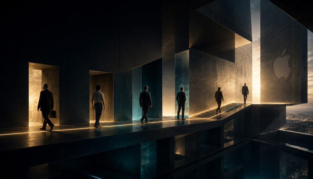 Apple Leadership Case Study represented as six human leadership paths moving through one continuing organisational structure. Decision Intelligence, Human Futurology, Intelligent Mathematical Blueprint, Chris Styles
