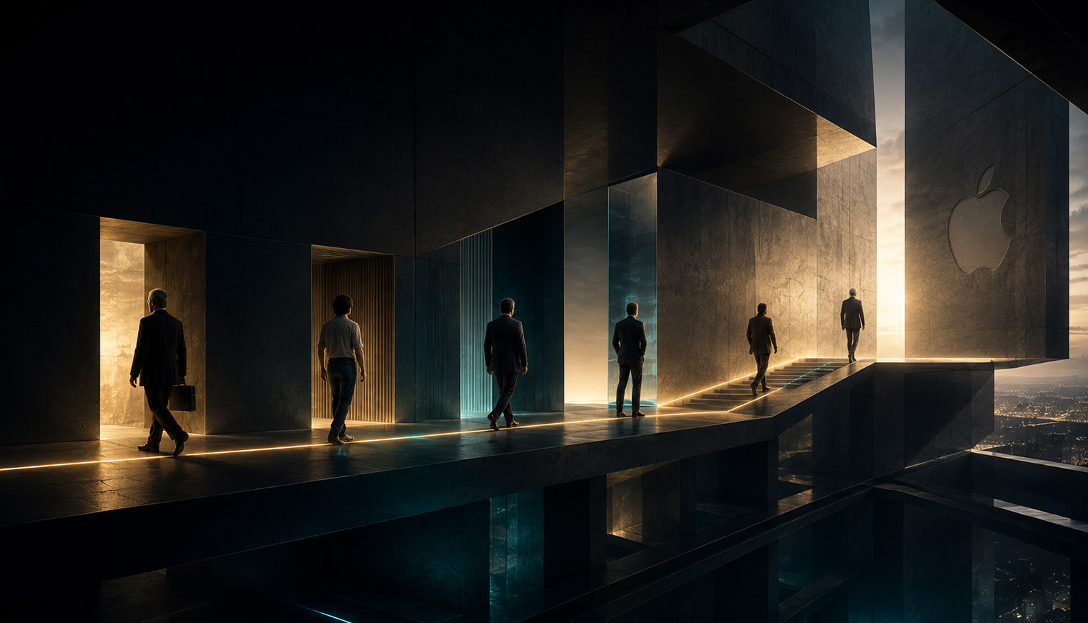 Apple Leadership Case Study represented as six human leadership paths moving through one continuing organisational structure. Decision Intelligence, Human Futurology, Intelligent Mathematical Blueprint, Chris Styles