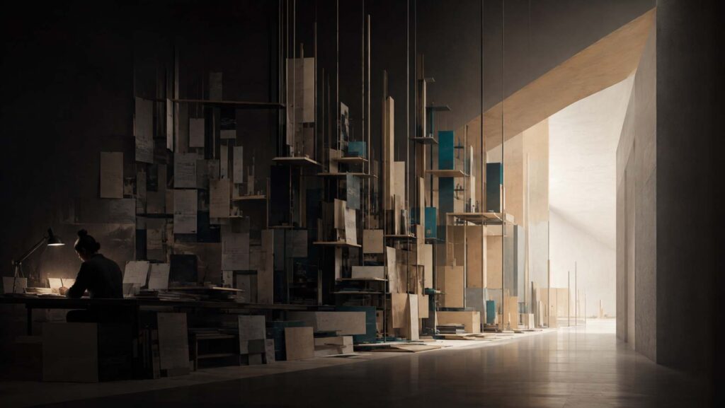 Susanna Clarke creative breakthrough. A solitary writer progressing through layers of accumulated manuscript pages towards an opening of light, representing persistence, invisible progress and eventual creative breakthrough.