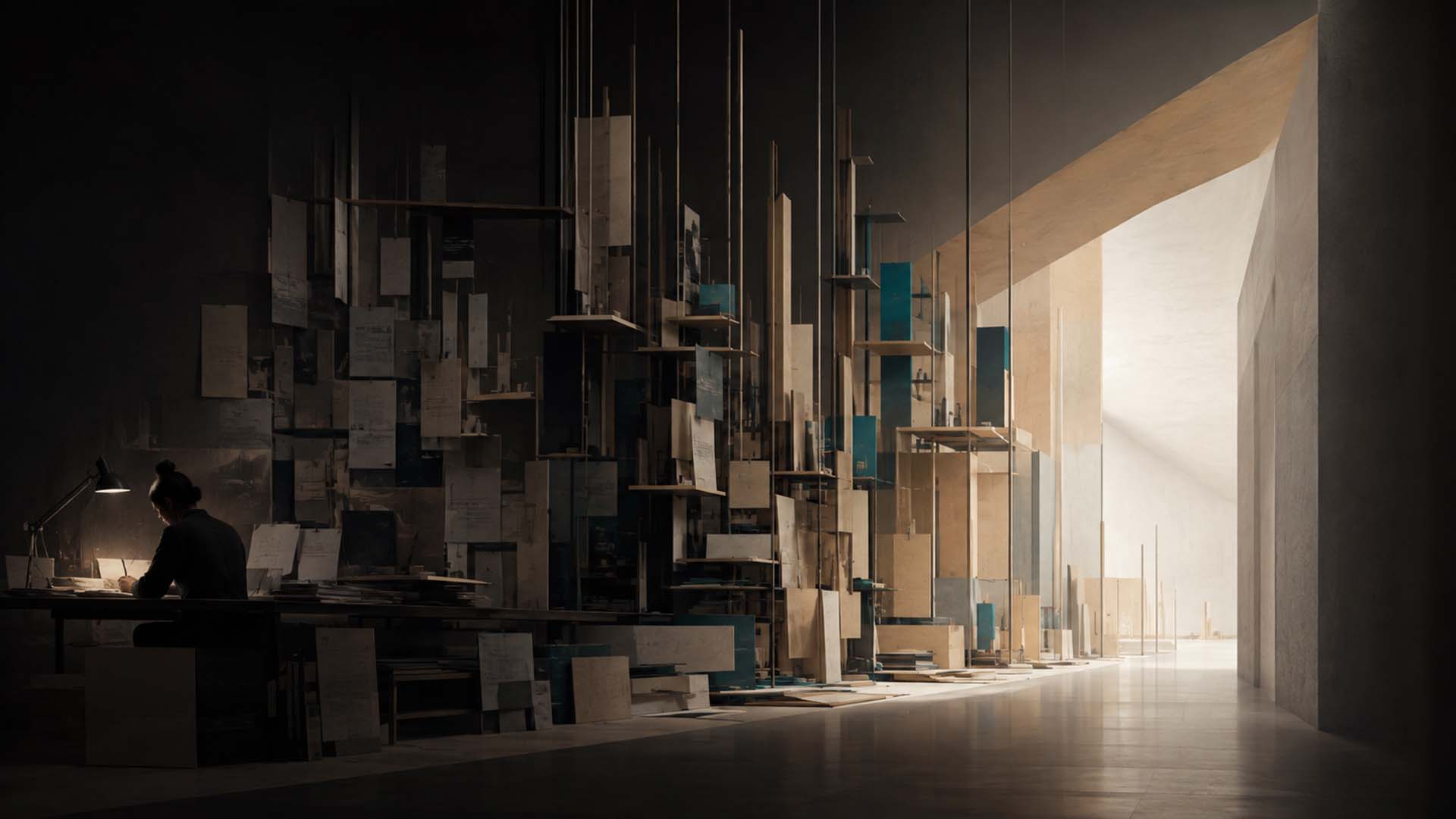 Susanna Clarke creative breakthrough. A solitary writer progressing through layers of accumulated manuscript pages towards an opening of light, representing persistence, invisible progress and eventual creative breakthrough.