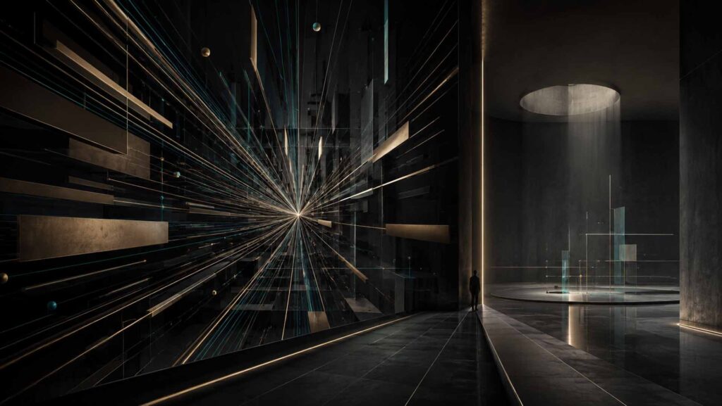 Abstract Human Futurist architectural composition showing many independent structures converging around one historical moment while a second analytical plane questions whether convergence equals meaning. JFK assassination patterns