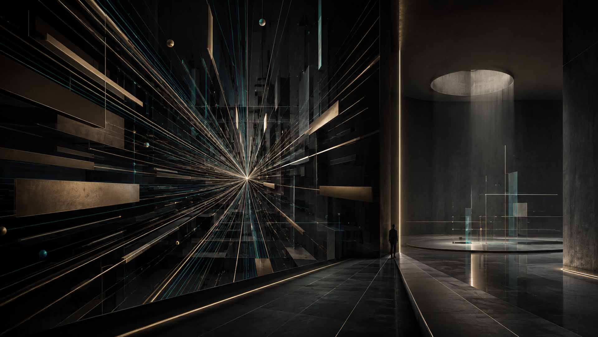Abstract Human Futurist architectural composition showing many independent structures converging around one historical moment while a second analytical plane questions whether convergence equals meaning. JFK assassination patterns