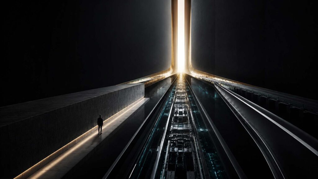 Abstract architectural representation of separate human, technological and event pathways converging at a single breakthrough moment. SpaceX Falcon Heavy - Elon Musk
