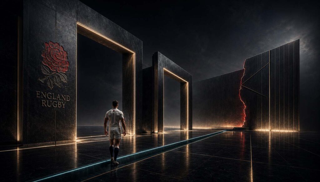 The Human Futurist, IMB, Dark Human Futurist architectural arena with England Rugby rose identity embedded into a narrowing tournament structure, representing a forecast that reached the final threshold but stopped short of the trophy.