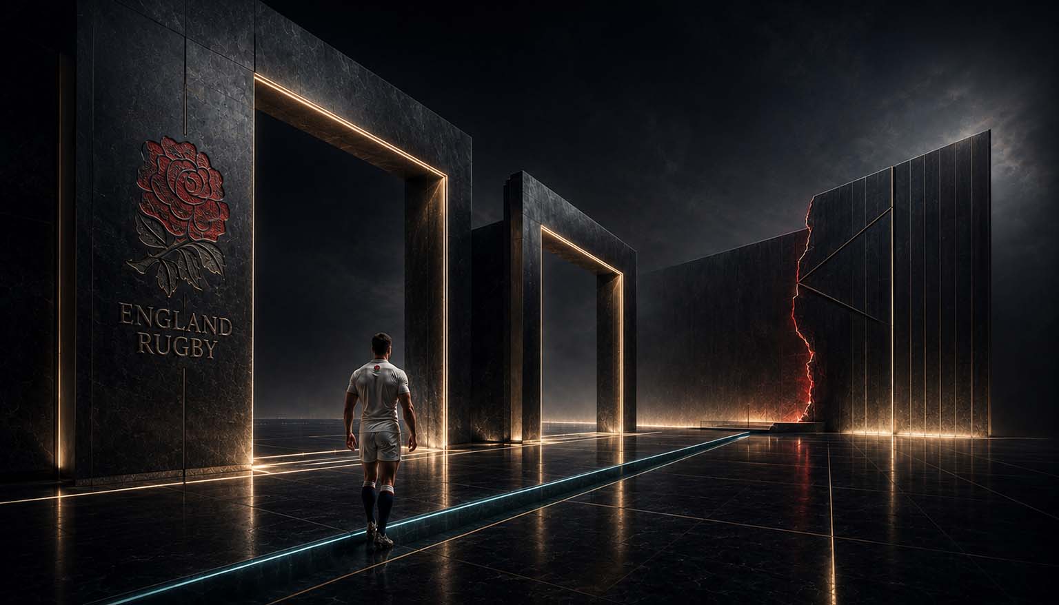 CS 04 England 2019 The Human Futurist, IMB, Dark Human Futurist architectural arena with England Rugby rose identity embedded into a narrowing tournament structure, representing a forecast that reached the final threshold but stopped short of the trophy.