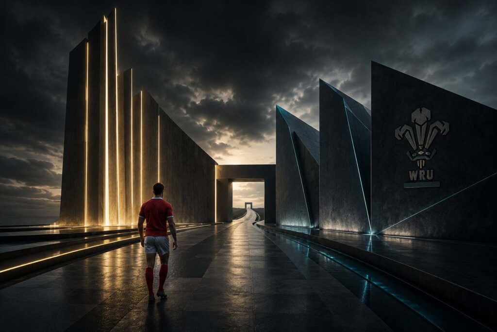 Anonymous Welsh rugby player viewed from behind facing two contrasting architectural structures converging towards an uncertain Rugby World Cup 2019 pathway. IMB. The Human Futurist