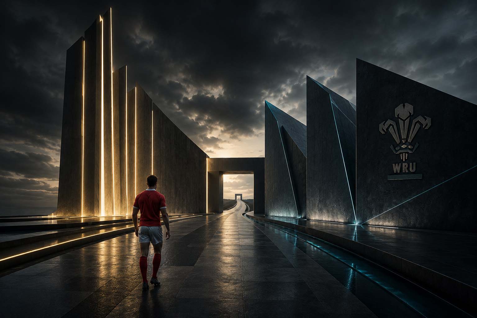 CS 06 Wales Anonymous Welsh rugby player viewed from behind facing two contrasting architectural structures converging towards an uncertain Rugby World Cup 2019 pathway. IMB. The Human Futurist