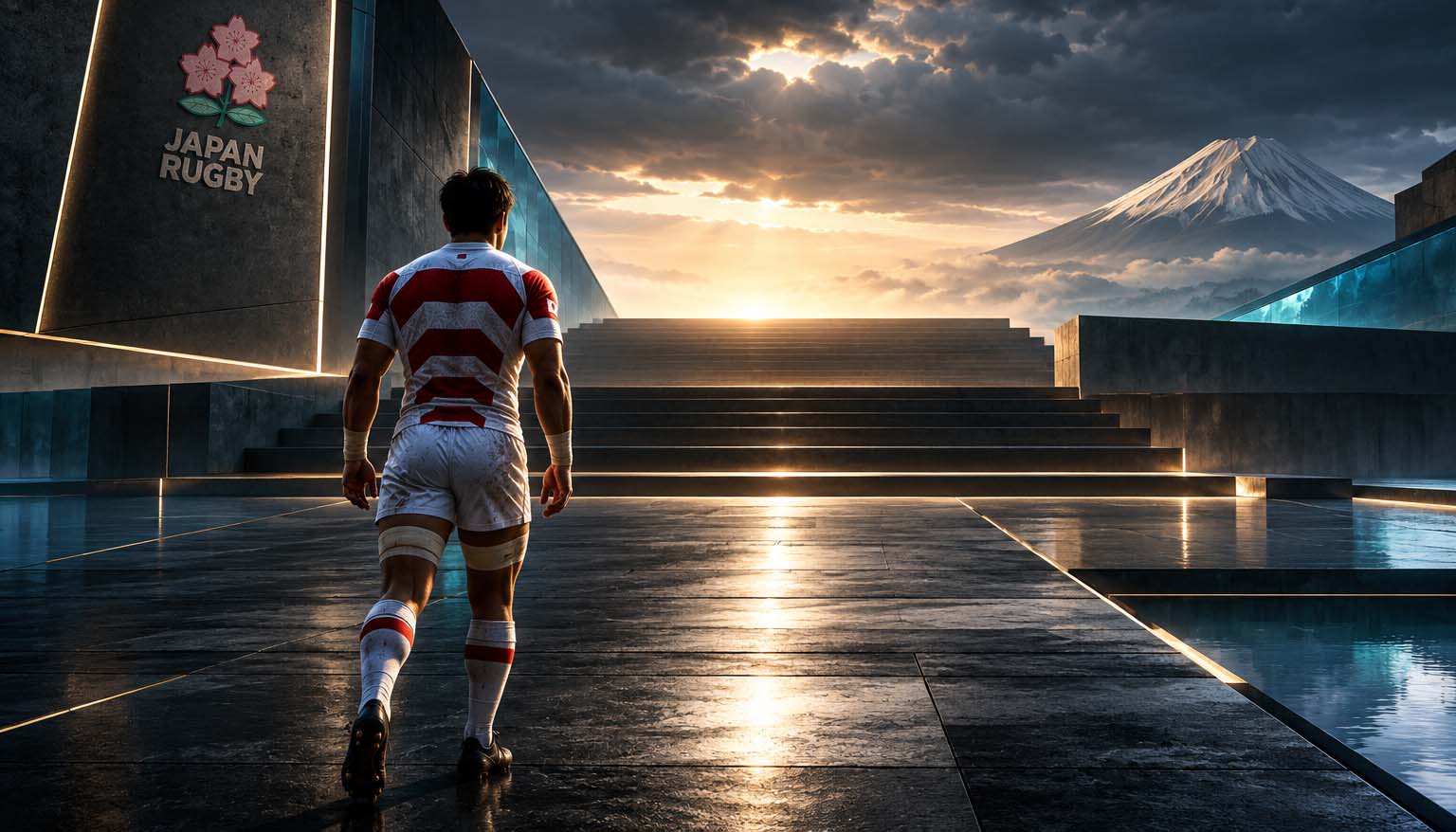 CS 08 Japan Rear view of a Japan rugby player facing an illuminated architectural threshold, representing Japan’s first Rugby World Cup quarter-final breakthrough. Japan Rugby World Cup 2019 quarter-final. Chris Styles. The Human Futurist. IMB