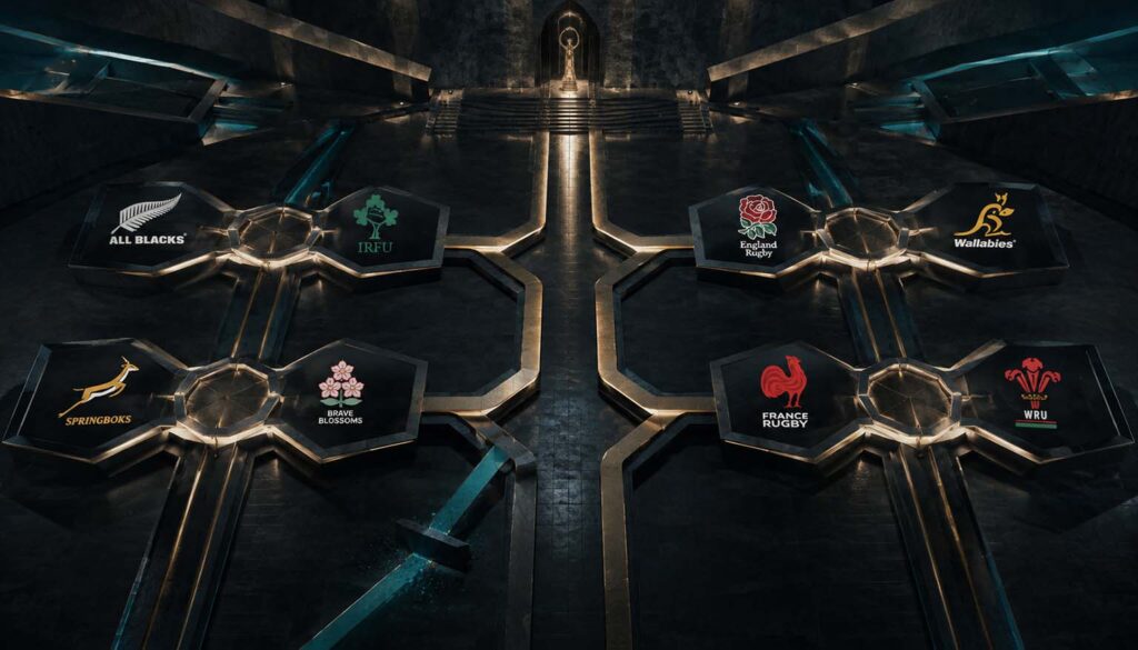 Rugby World Cup 2019 quarter final predictions. IMB. Intellignet Mathematical Blue Print. The Human Futurist. Dark Human Futurist tournament field showing eight national-team routes compressed into four quarter-final pairings, with one projected pathway visibly interrupted.