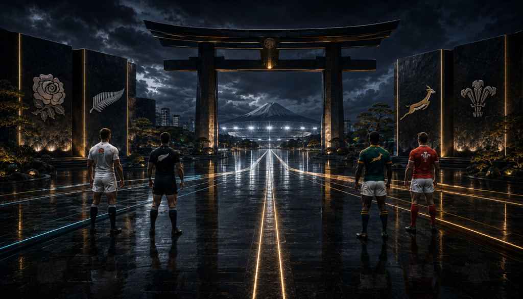 Rugby World Cup 2019 semi final predictions. IMB. Intellignet Mathematical Blue Print. The Human Futurist. Four Rugby World Cup semi-final routes in Japan forming two head-to-head contests beneath a dramatic Japanese gateway, representing England v New Zealand and South Africa v Wales.