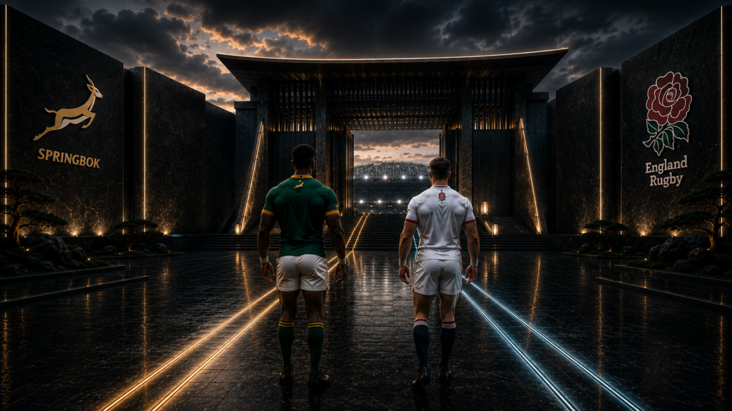 Rugby World Cup 2019 final predictions. IMB. Intellignet Mathematical Blue Print. The Human Futurist. South African and England rugby players viewed from behind approaching an unresolved final threshold in a dark Human Futurist architectural setting inspired by Yokohama.