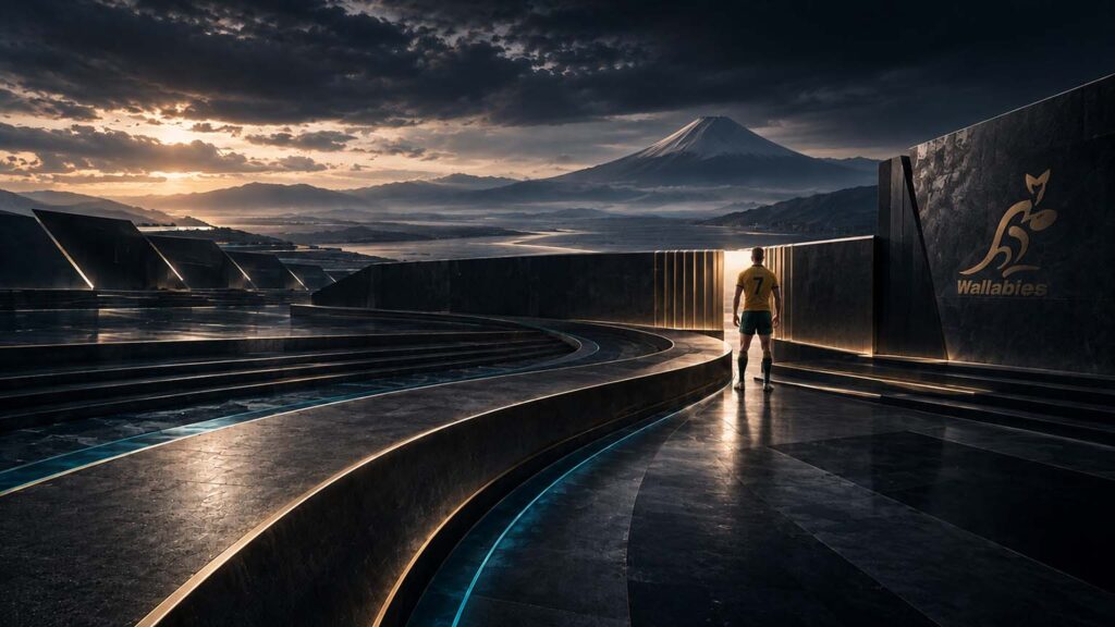 Conceptual Human Futurist visual of a Wallabies tournament route narrowing into a blocked quarter-final threshold, with the supplied Wallabies mark integrated into dark architectural material. Wallabies Rugby World Cup 2019 analysis. IMB.