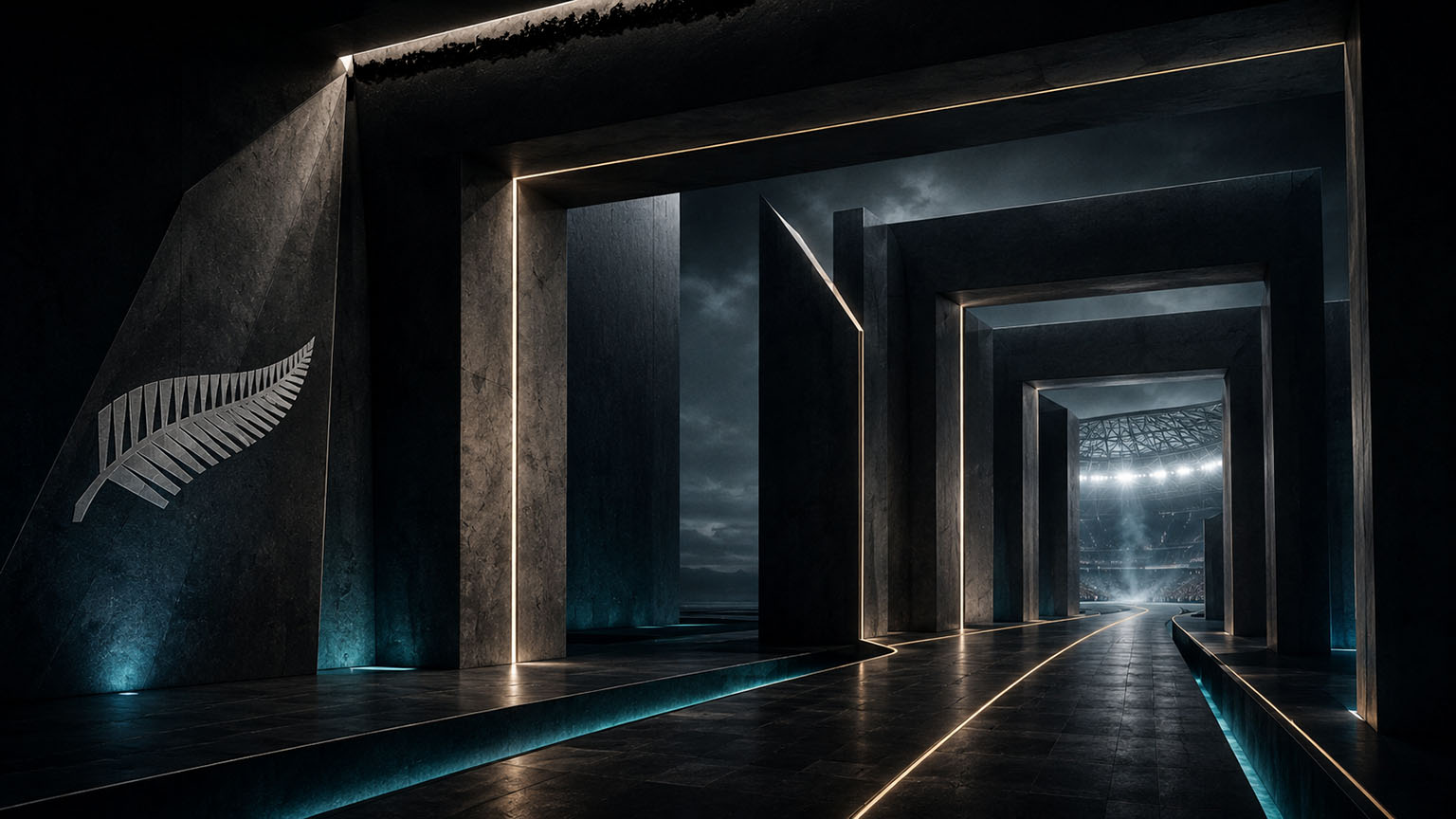 CSS 02 The Champions Nobody Wanted to Rule Out Abstract Human Futurist architectural pathway in black, charcoal and teal representing the All Blacks route through Rugby World Cup 2019 narrowing before the final stage. All Blacks Rugby World Cup 2019
