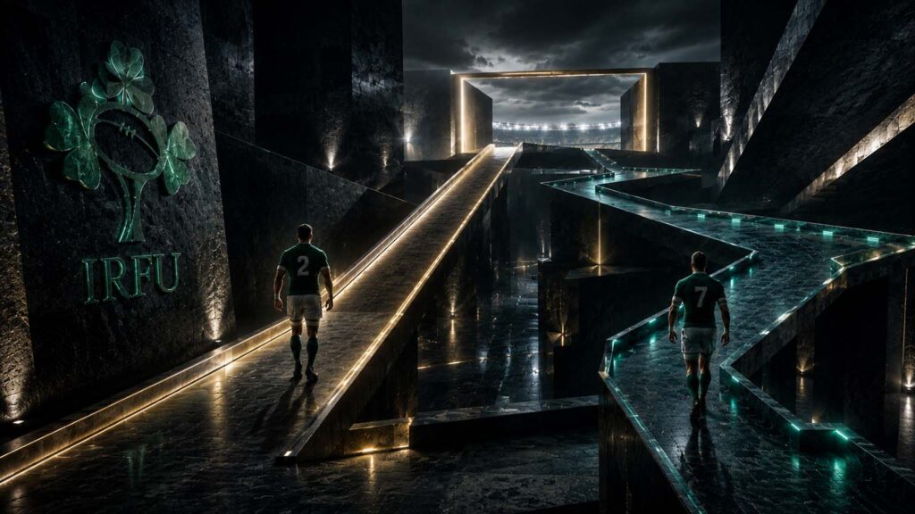 Dark Human Futurist architectural visual representing two contrasting Ireland leadership trajectories approaching a Rugby World Cup semi-final threshold. The Human Futurist, IMB, Intelligent Mathematical Blueprint