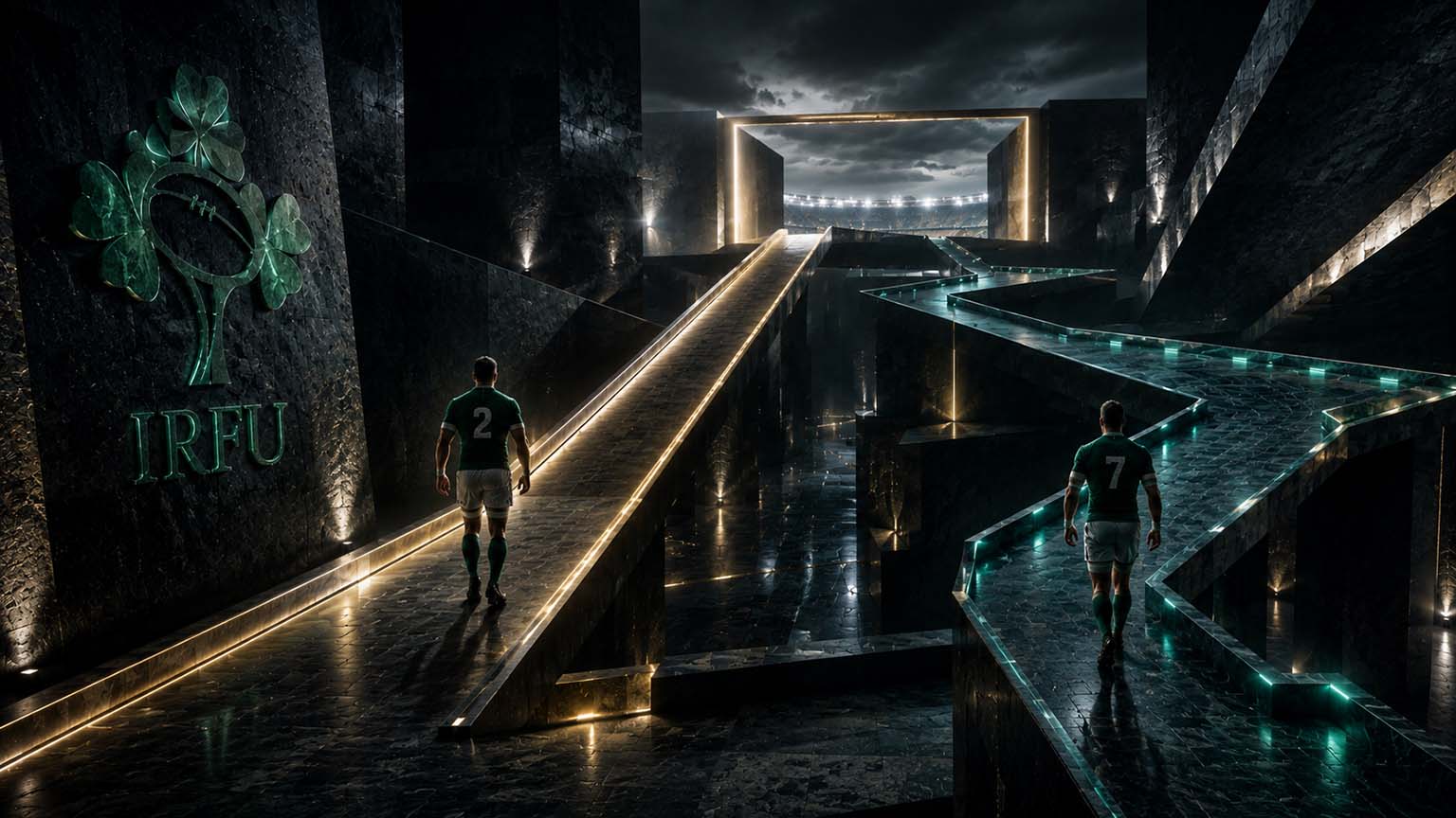 CSS 03 The Semi-Final Ireland Had Never Reached Dark Human Futurist architectural visual representing two contrasting Ireland leadership trajectories approaching a Rugby World Cup semi-final threshold. The Human Futurist, IMB, Intelligent Mathematical Blueprint