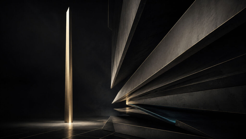 Elon Musk Risk Management and Decision Intelligence, Abstract Human Futurist architecture showing a powerful independent vertical structure meeting constraining horizontal planes, representing founder autonomy, pressure and decision risk.