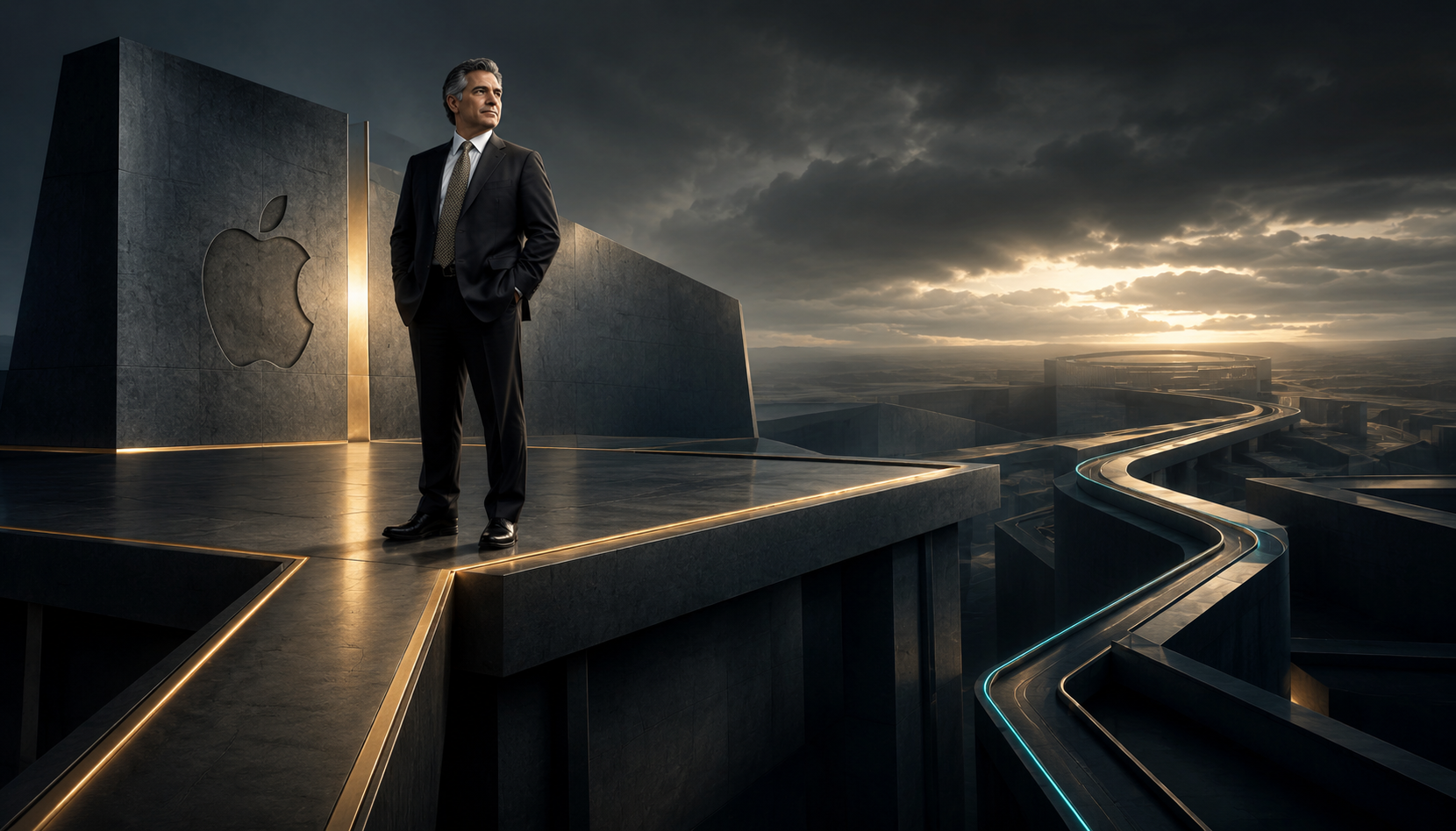 Gil Amelio Apple CEO in an elevated architectural setting representing leadership magnitude, transition and consequence. Editorial portrait of John Sculley within a monumental Apple-inspired architectural decision structure representing leadership choices and delayed consequences. Chris Styles. IMB. The Human Futurist. Apple Leadership