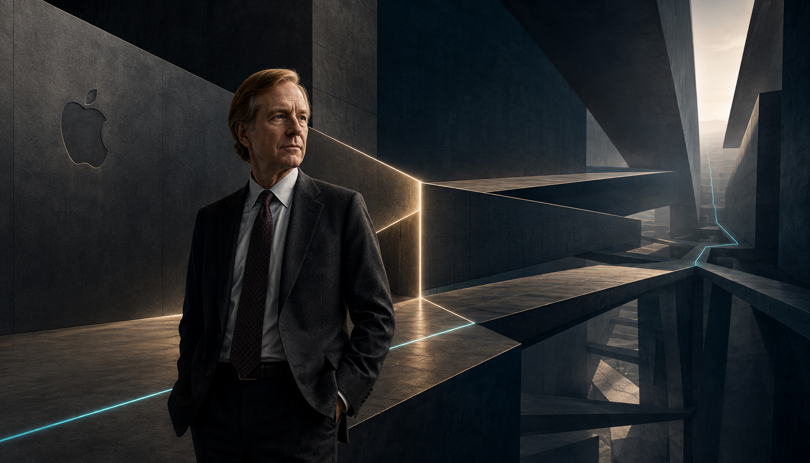 Editorial portrait of John Sculley within a monumental Apple-inspired architectural decision structure representing leadership choices and delayed consequences. Editorial portrait of John Sculley within a monumental Apple-inspired architectural decision structure representing leadership choices and delayed consequences. Chris Styles. IMB. The Human Futurist. Apple Leadership