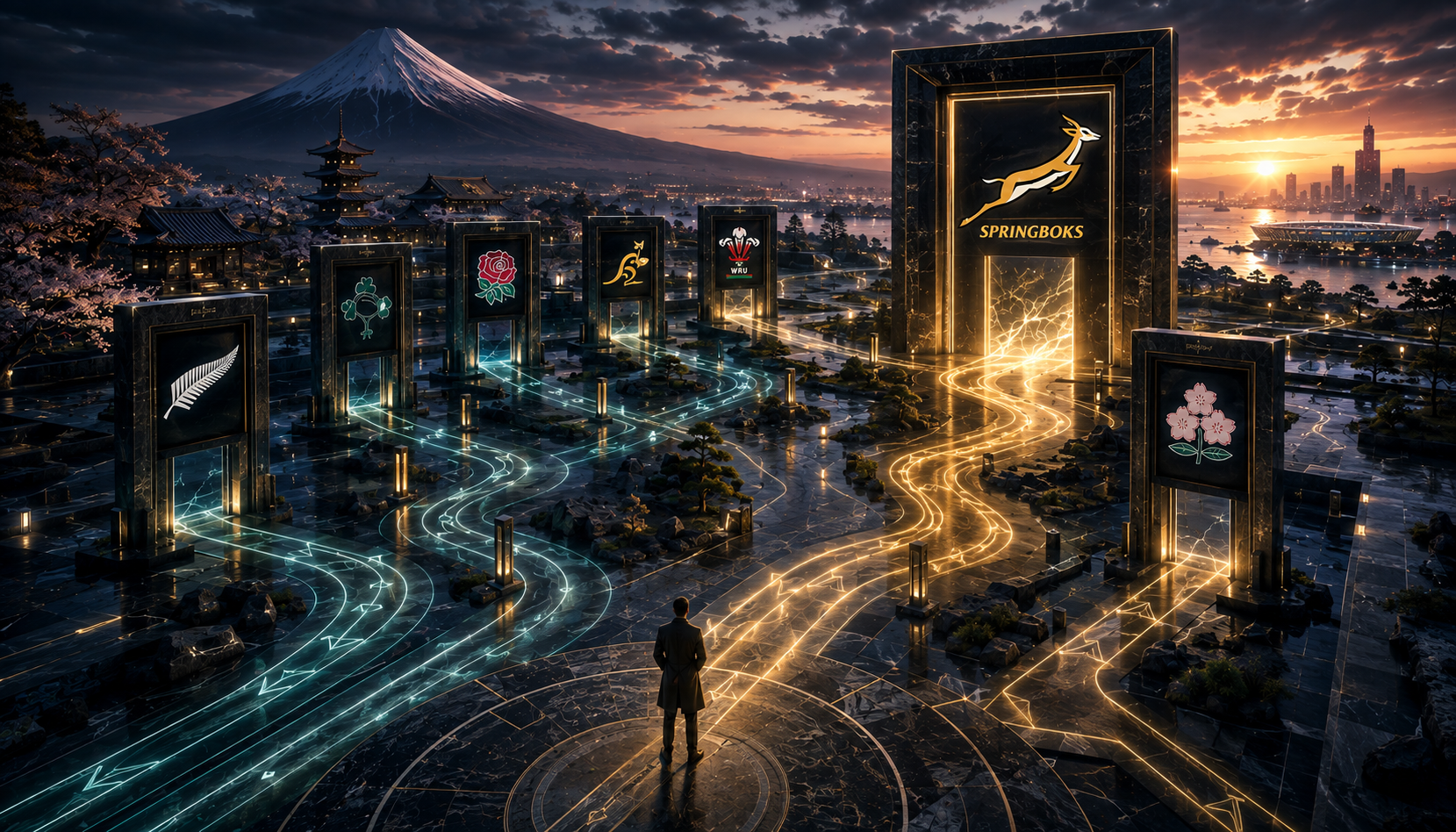 Dark Human Futurist architectural routes passing through multiple tested thresholds, with one route visibly corrected before a final illuminated field, representing learning and refinement across the RWC 2019 case study