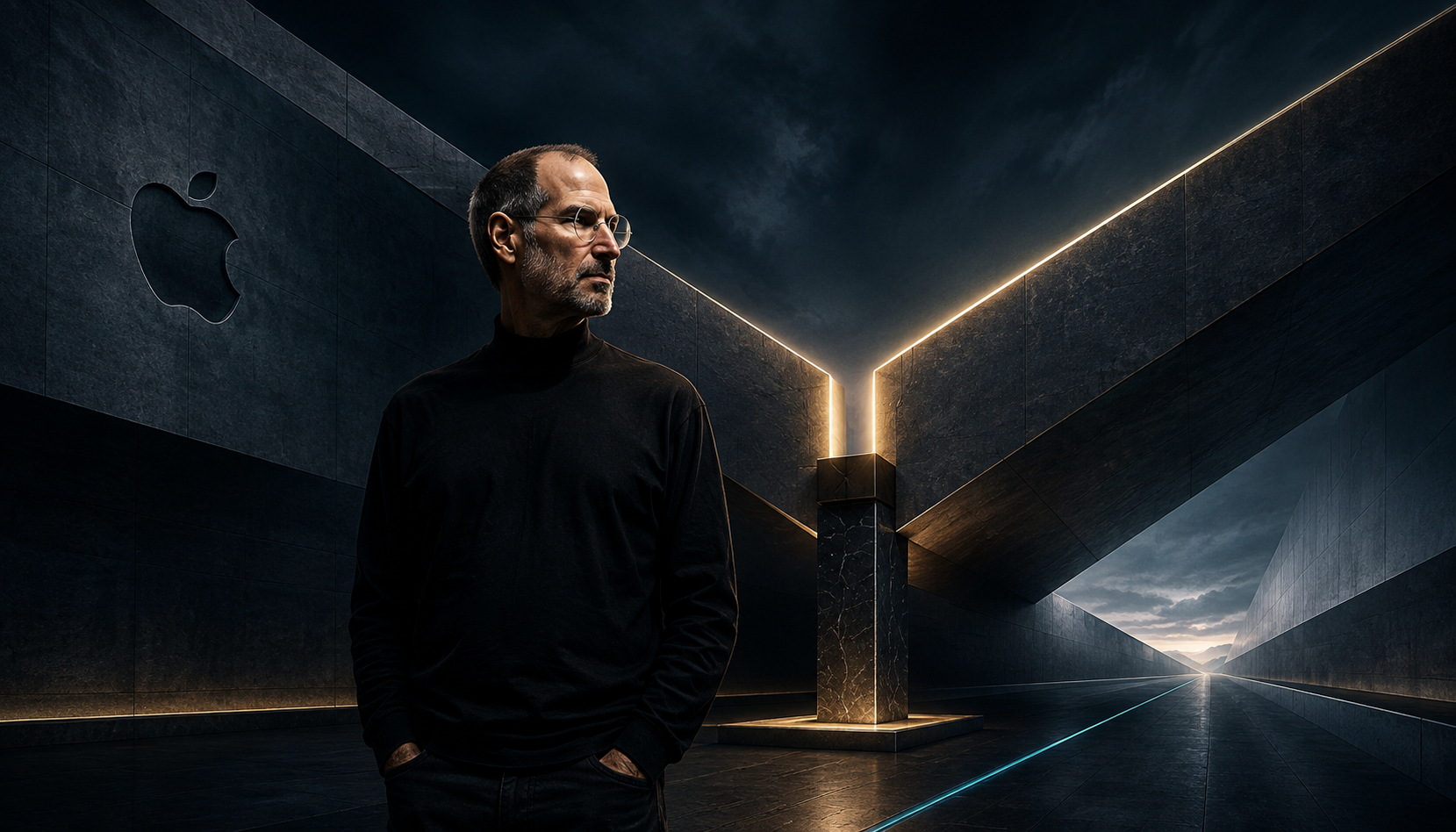 Editorial portrait of Steve Jobs within dark architectural Apple-inspired structures separating and reconnecting, representing departure, return, leadership dependence and succession. Steve Jobs 2004 Analysis. Chris Styles. IMB. The Human Futurist