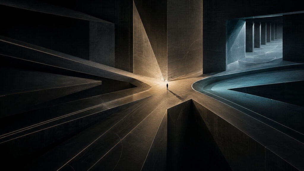 Abstract architectural pathways concentrating around a powerful decision point before separating into alternative future outcomes