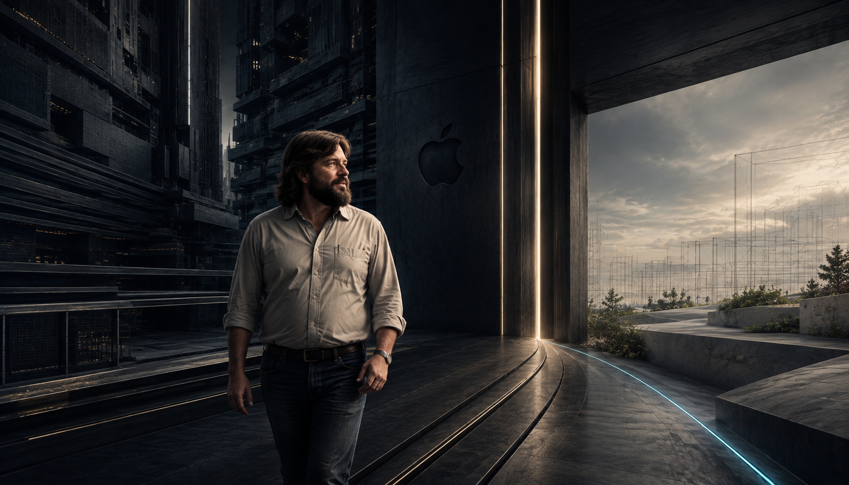 Editorial image of Steve Wozniak standing where structured Apple architecture separates into a more open creative environment, representing autonomy, organisational fit and his 1985 departure. Chris Styles. IMB. The Human Futurist. Apple Leadership