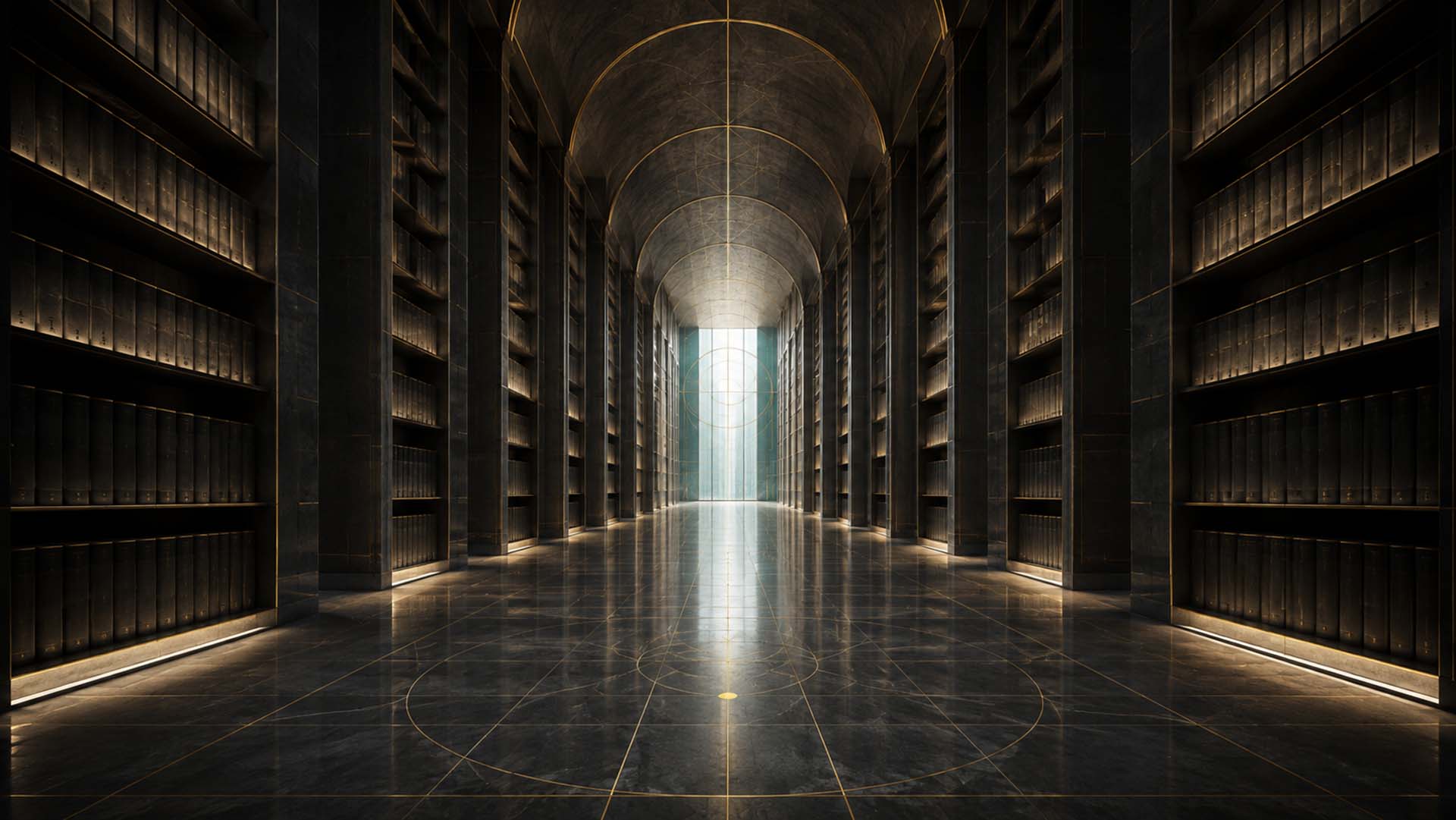 The Living Archive Monumental architectural archive with endless shelving and mathematical geometry, introducing The Human Futurist research archive.