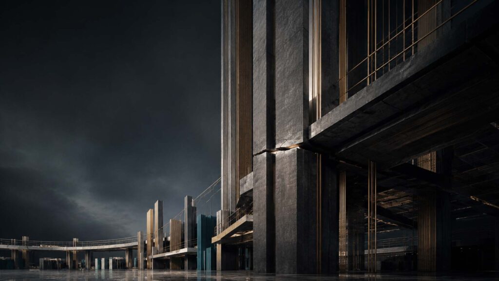 Abstract monumental architecture expressing exceptional organisational scale, concentrated executive power and a structural vulnerability within the same system. Markus Jooste the Master Builder Paradox