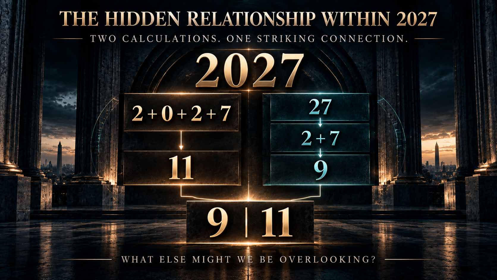 Donald Trump Hidden Connections of 2027b Illustration showing how the digits of 2027 total 11 while the final two digits total 9, creating a symbolic 9-11 pairing.