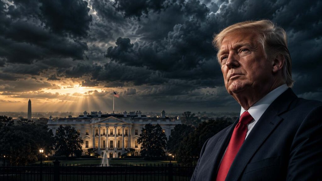 Donald Trump pictured against the White House beneath gathering storm clouds, illustrating uncertainty surrounding the 2026 US midterms.