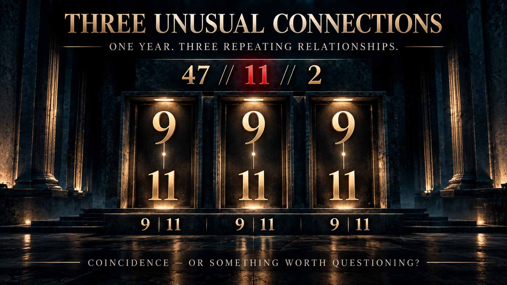 Donald Trump Midterms 2026 Three Unusal Connections Donald Trump's 2027 IMB sequence 47-11-2 illustrated alongside three recurring symbolic relationships between the numbers 9 and 11.