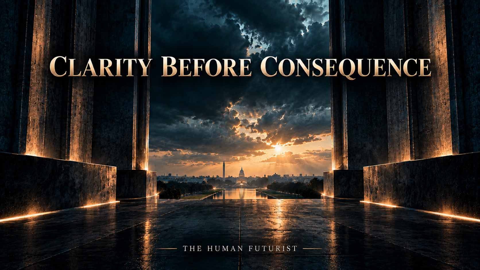 Donald Trump Monumental Clarity at Dawn Clarity Before Consequence editorial image showing a dark architectural passage opening towards Washington beneath a clearing stormy sky.