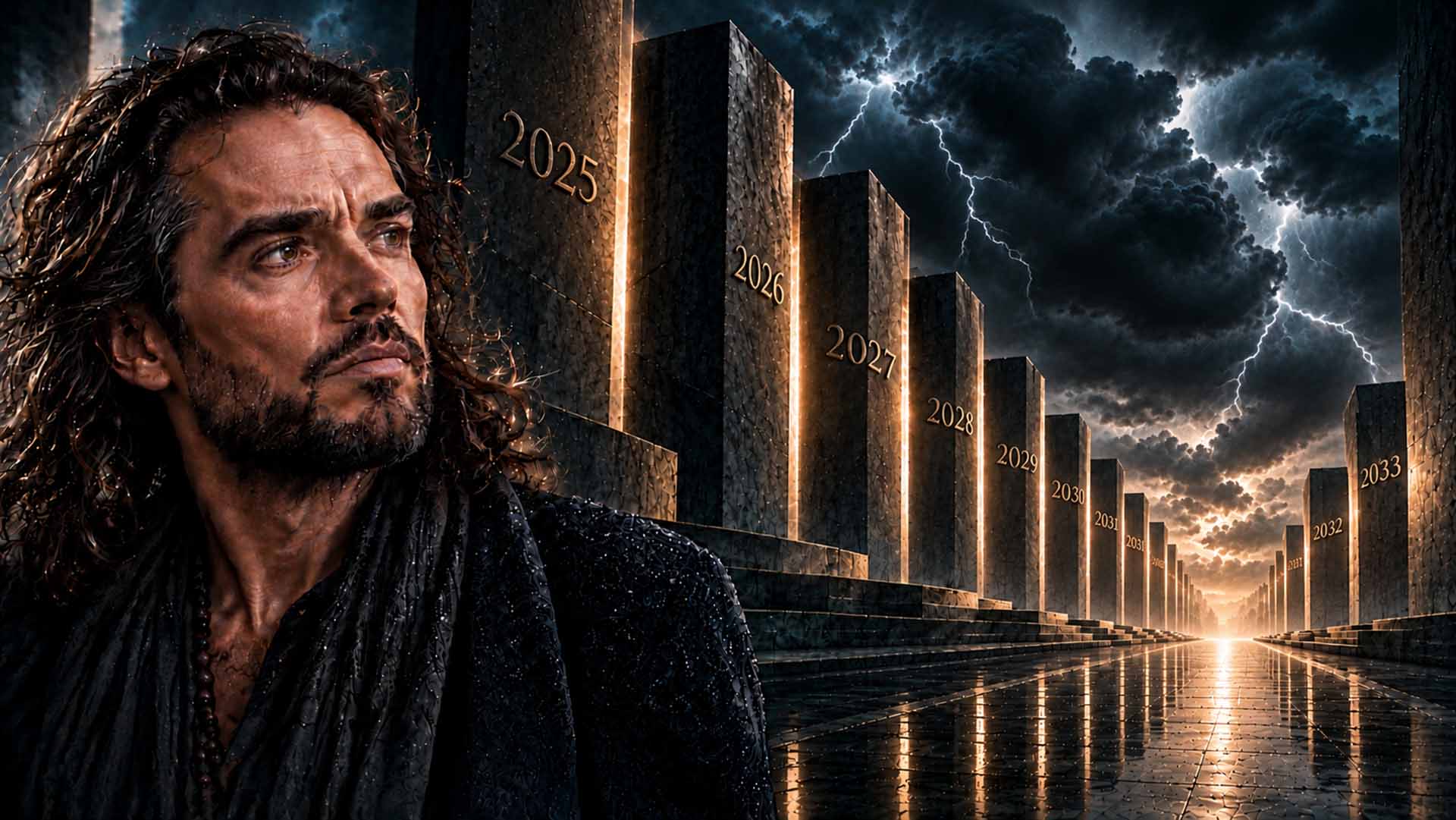 Russell Brand Intellignet Mathematical Blueprint Russell Brand portrait beside towering stone monoliths etched with the years 2025–2033, beneath dramatic storm clouds and lightning, representing his Intelligent Mathematical Blueprint analysis of personal risk.